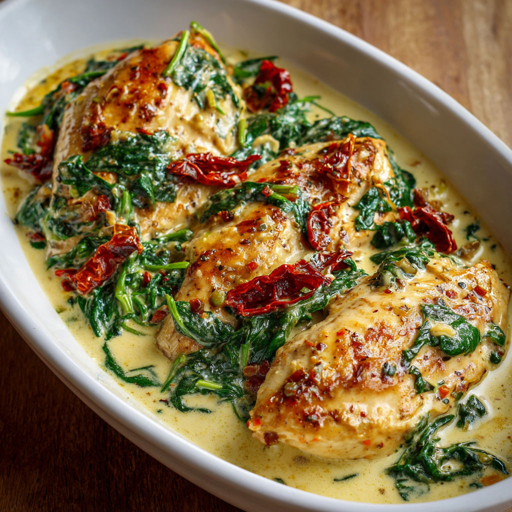 Poulet accompagné d’épinards fondus et de tomates séchées dans l’assiette.