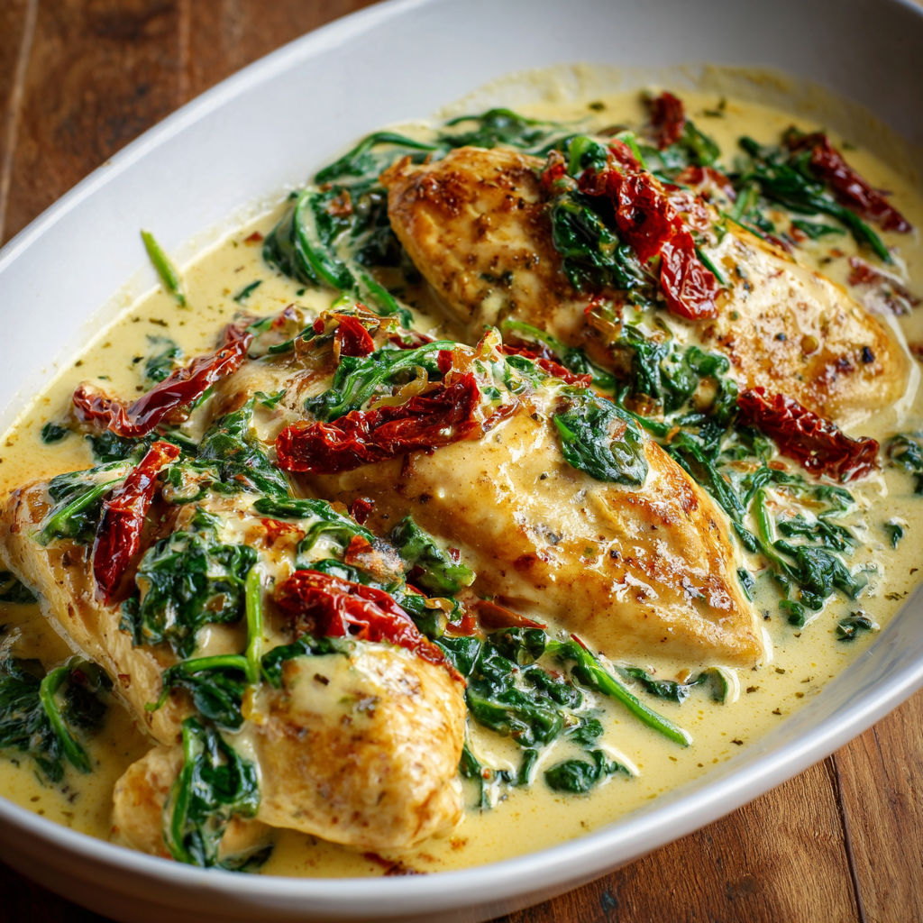 Poulet crémeux aux épinards avec tomates séchées super fondantes.
