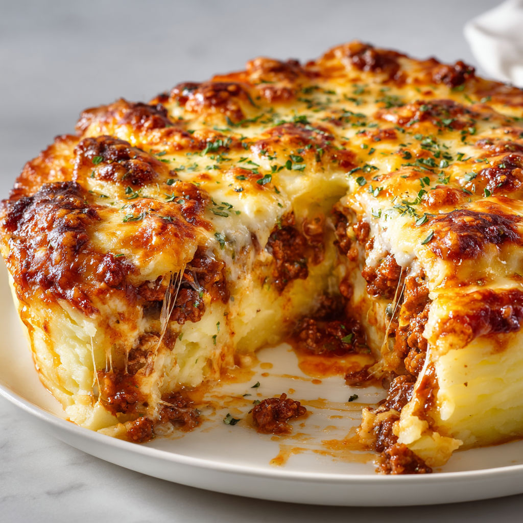 Gratin gourmand purée et viande dorée.