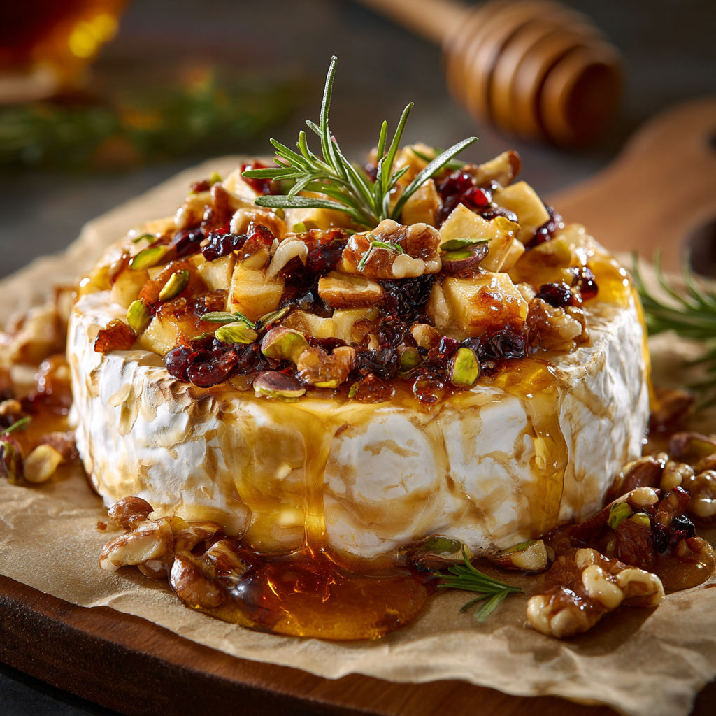 Brie du four bien coulant avec pommes dorées et sirop d’érable.