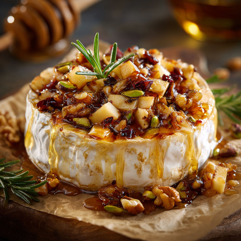 Brie chaud aux pommes dorées et éclats de noix croquants.