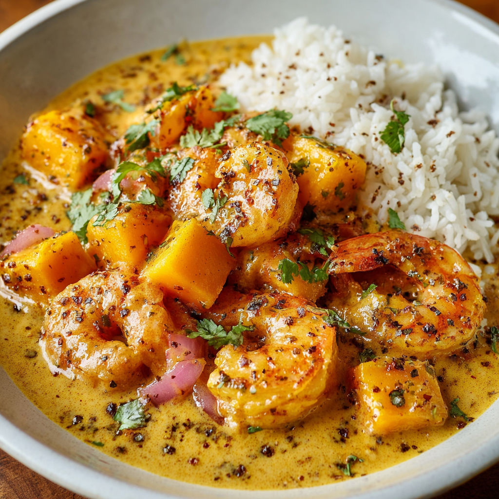 Un joli plat de Curry de Butternut, Coco et Crevettes, garni de crevettes et de grains de curry.