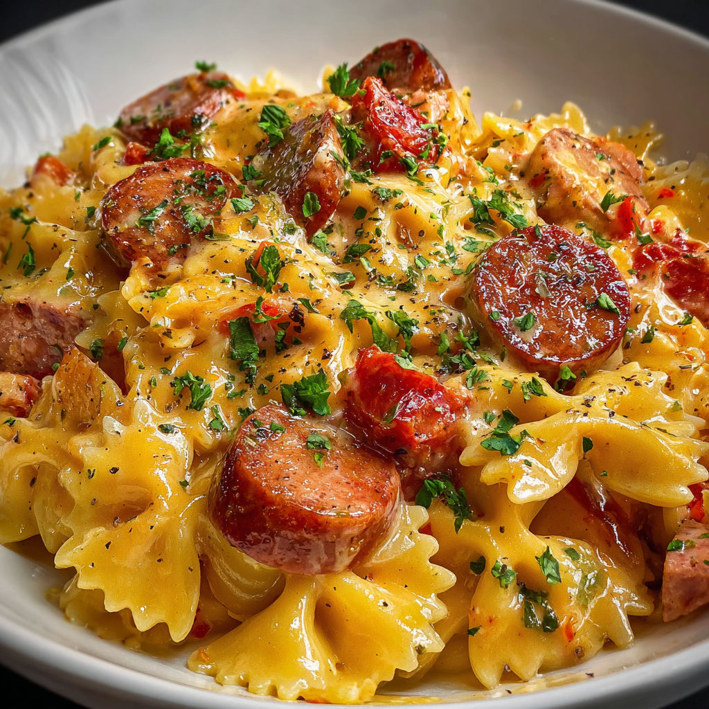 Un bol de pâtes crémeuses cuites au four avec de la saucisse fumée et du fromage filant.