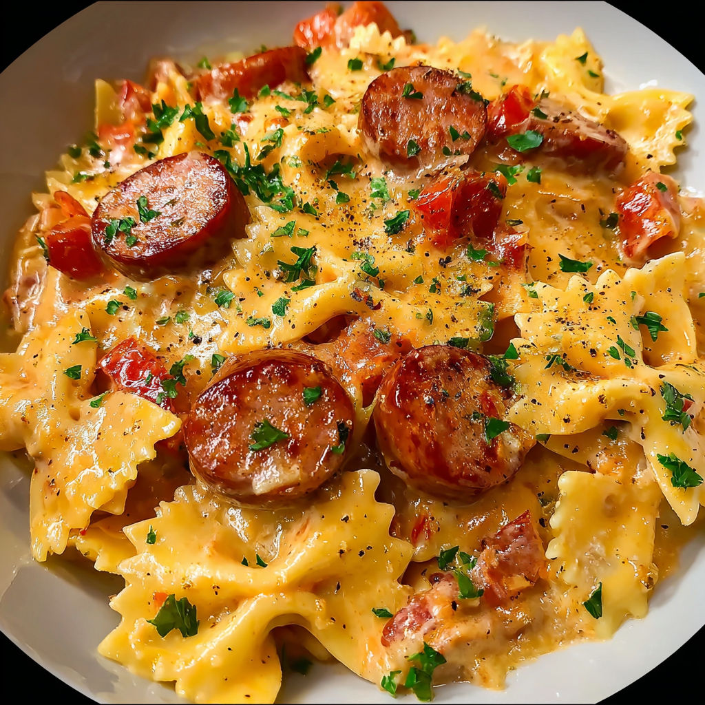 Délicieux gratin de pâtes crémeuses et saucisse fumée sorti du four.