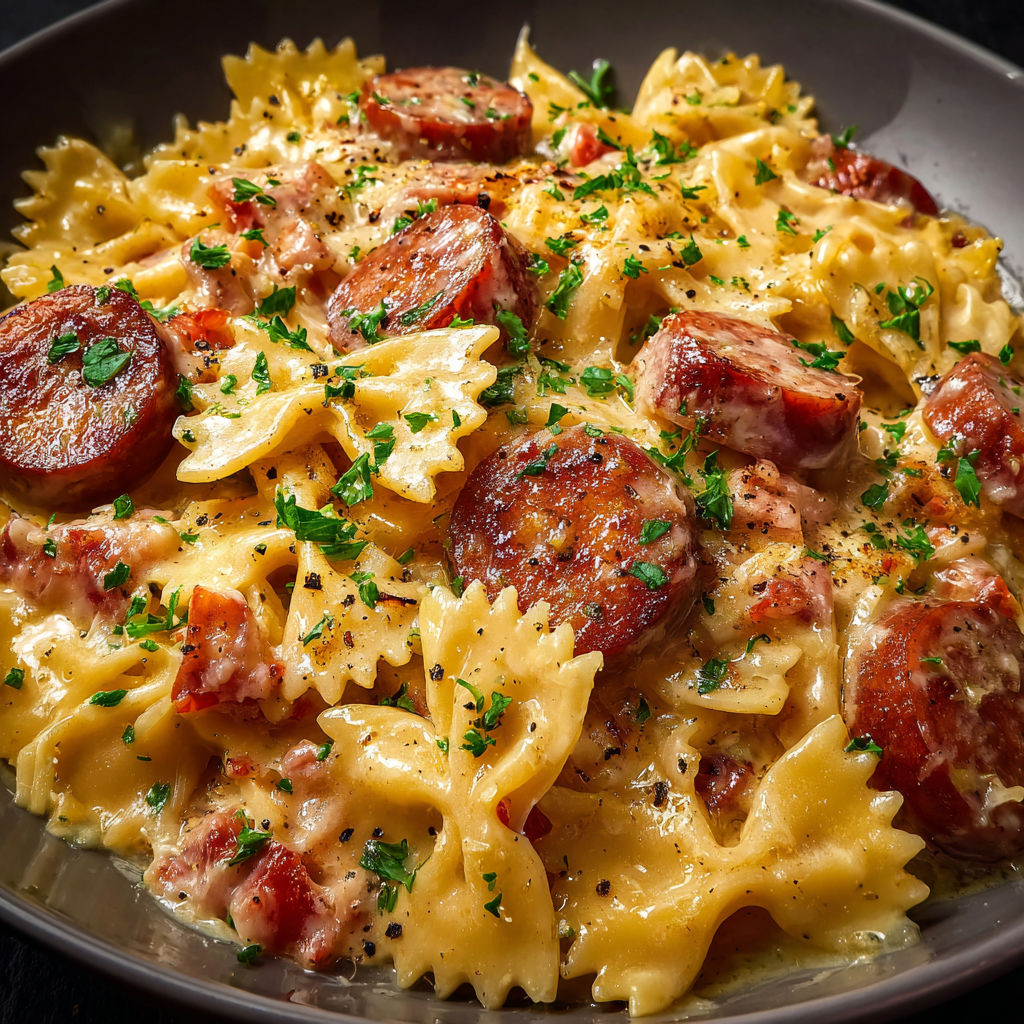 Farfalle ultra crémeuses et saucisse bien dorée dans une sauce au fromage bien filante.