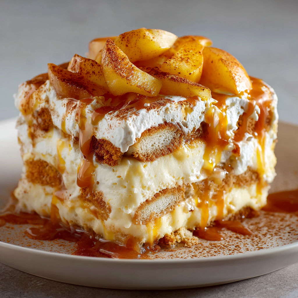 Tiramisu crémeux au caramel salé avec pommes dorées et fondantes.