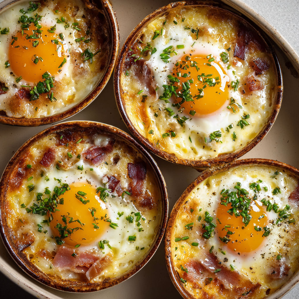 Quatre ramequins d'œufs cocotte avec bacon grillé.