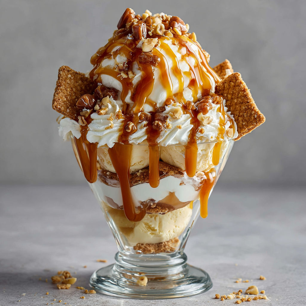 Un super sundae au caramel de Noël, généreusement décoré de noix grillées et d’un filet de sauce caramel dans un joli verre.