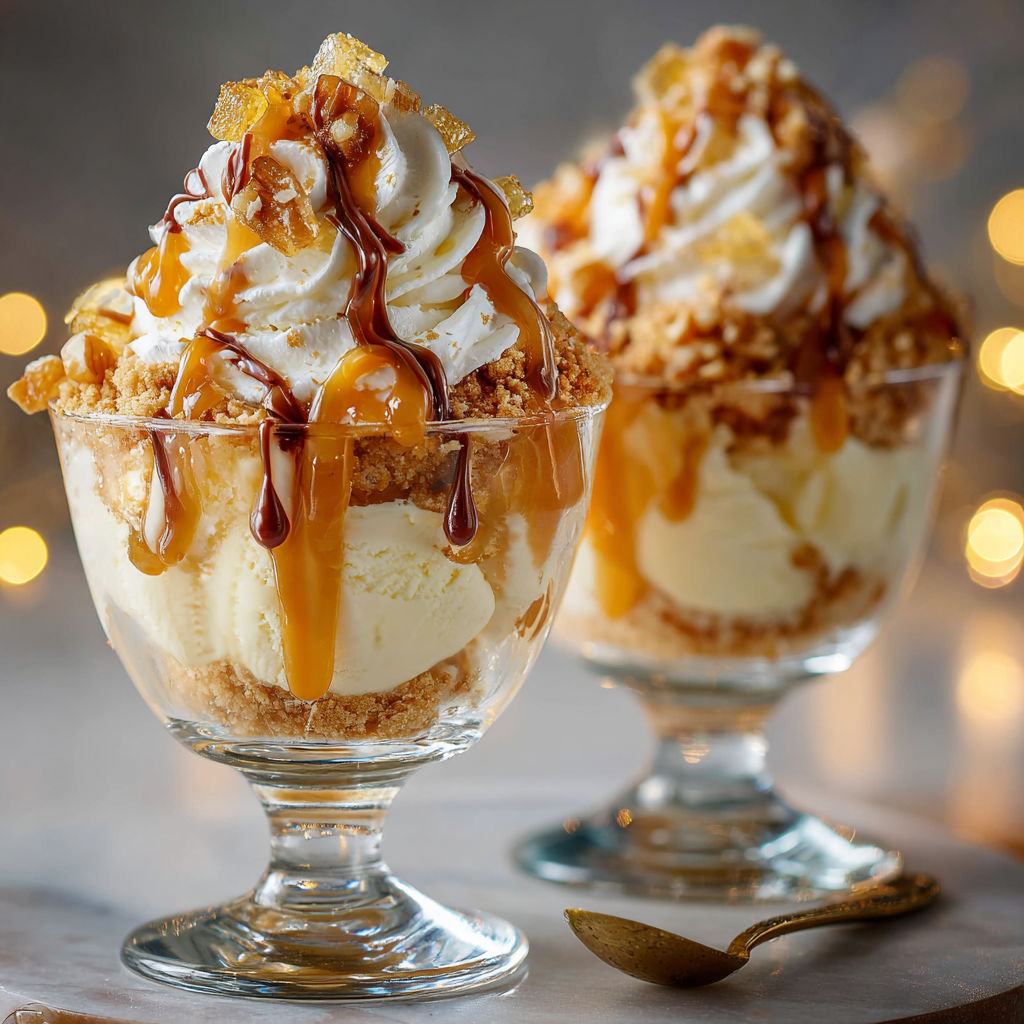 Sundae caramel beurre salé et éclats croquants pour les fêtes.