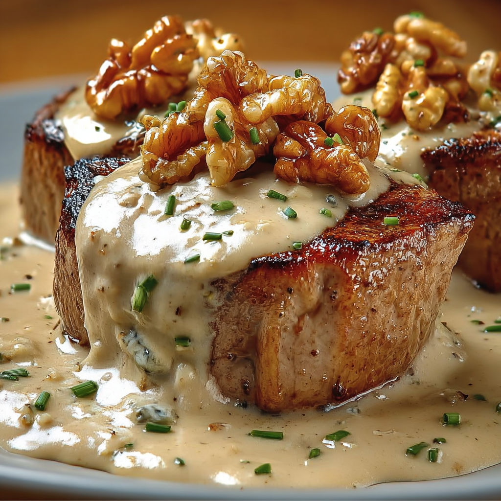 Filet mignon ultra fondant à la crème roquefort et noix fraîches.