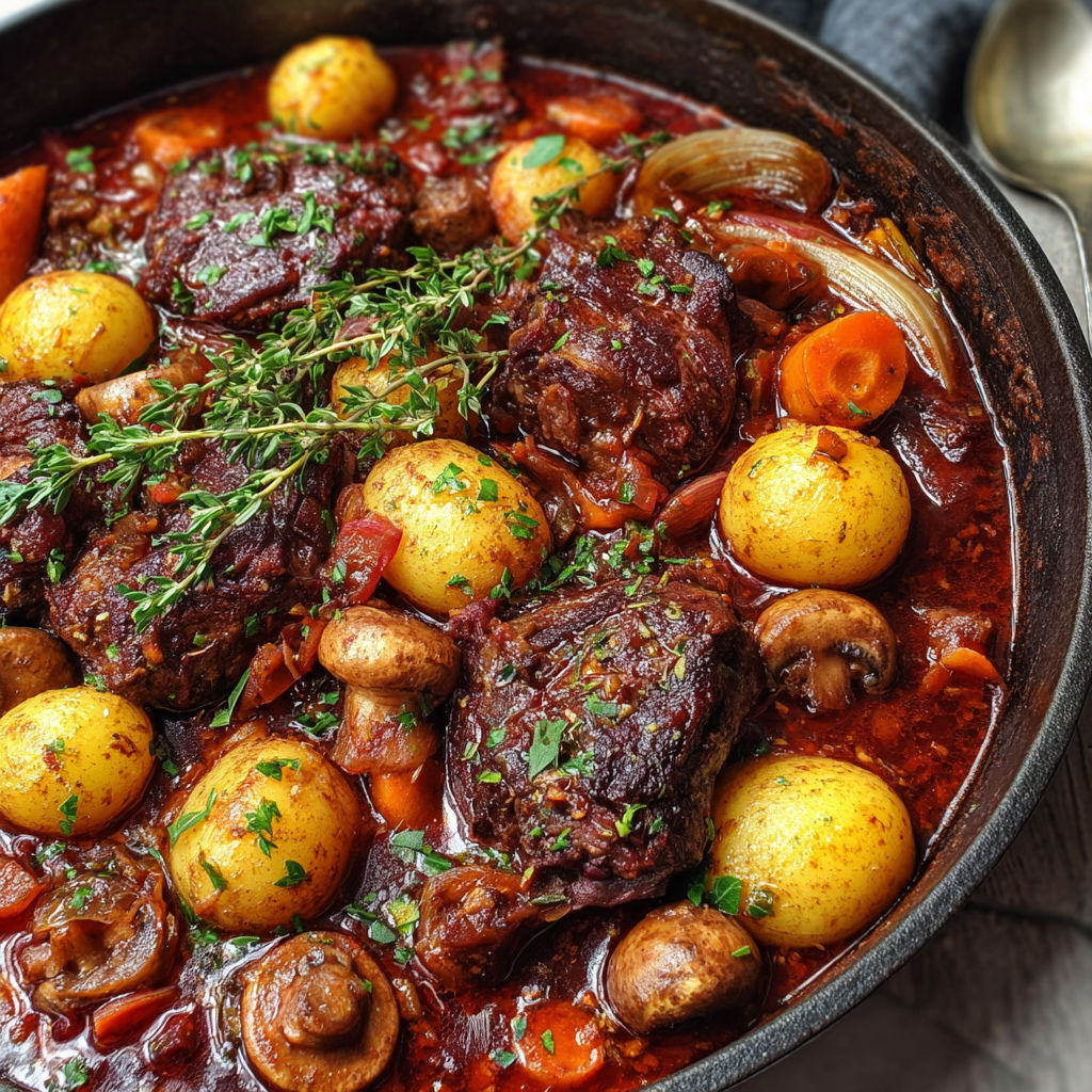Bol en fonte garni de bourguignon d’agneau sauce vin rouge, prêt à être dégusté.
