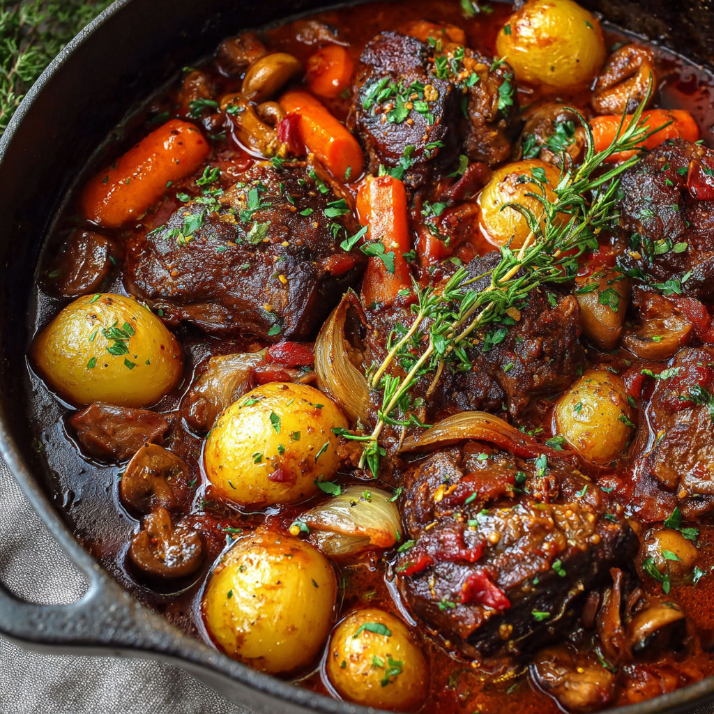 Ragoût d’agneau traditionnel au vin rouge et petits champignons.