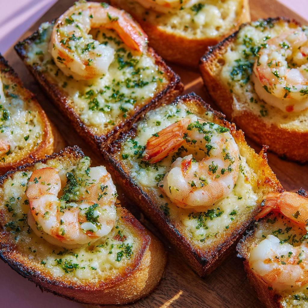 Pain croustillant aux crevettes, ail et mozzarella prêt pour les fêtes.