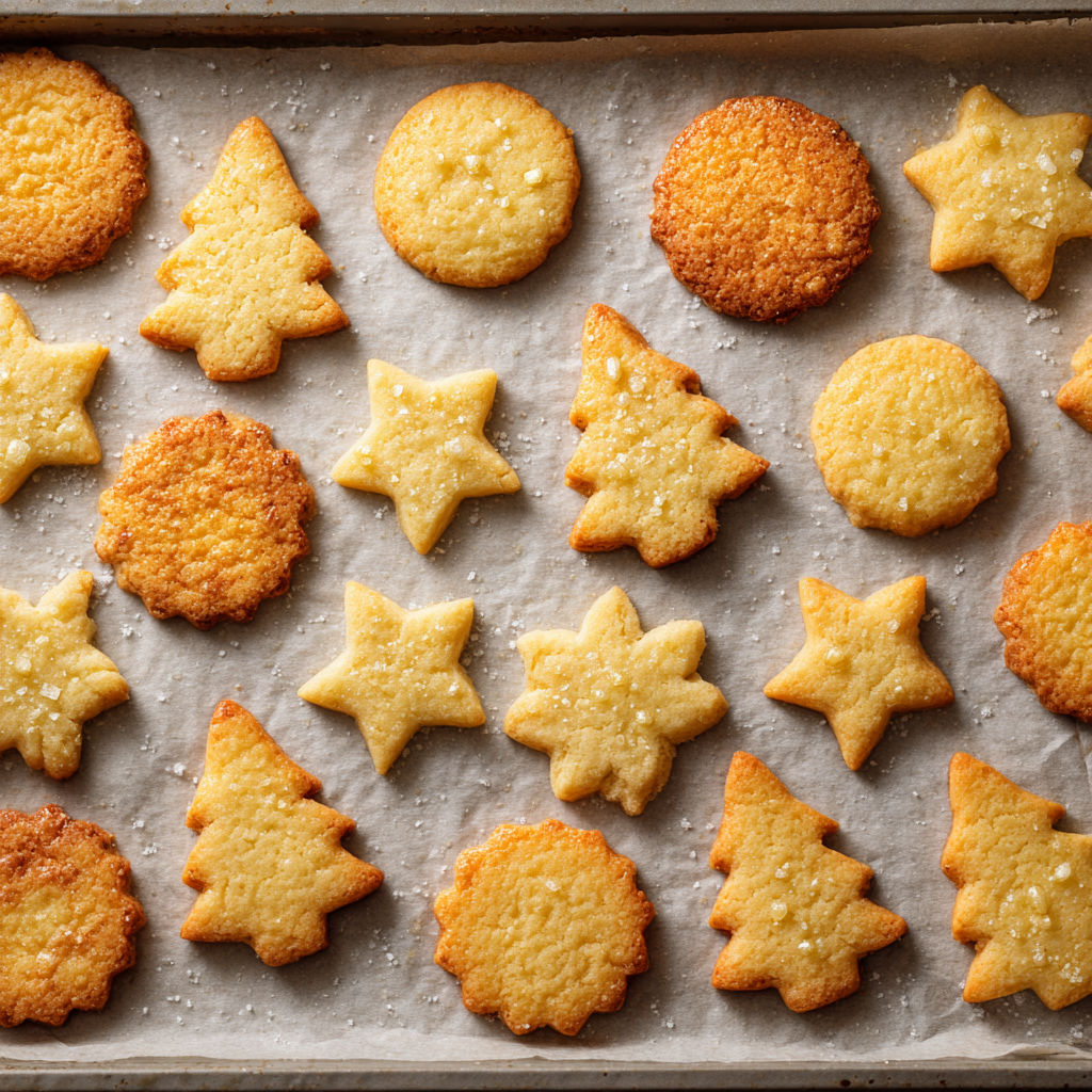 Assortiment de petits sablés de Noël dorés et moelleux.