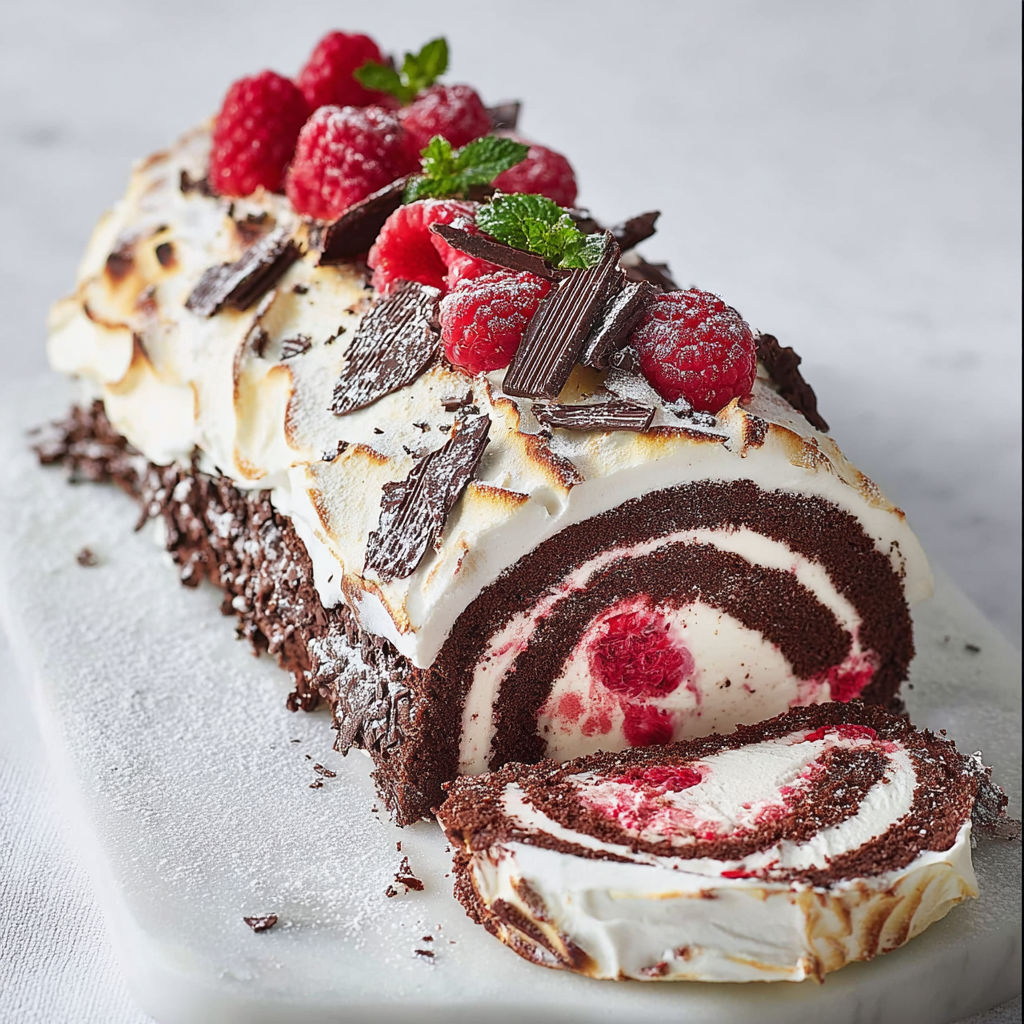 Festive bûche glacée framboise chocolat couronnée de meringue.