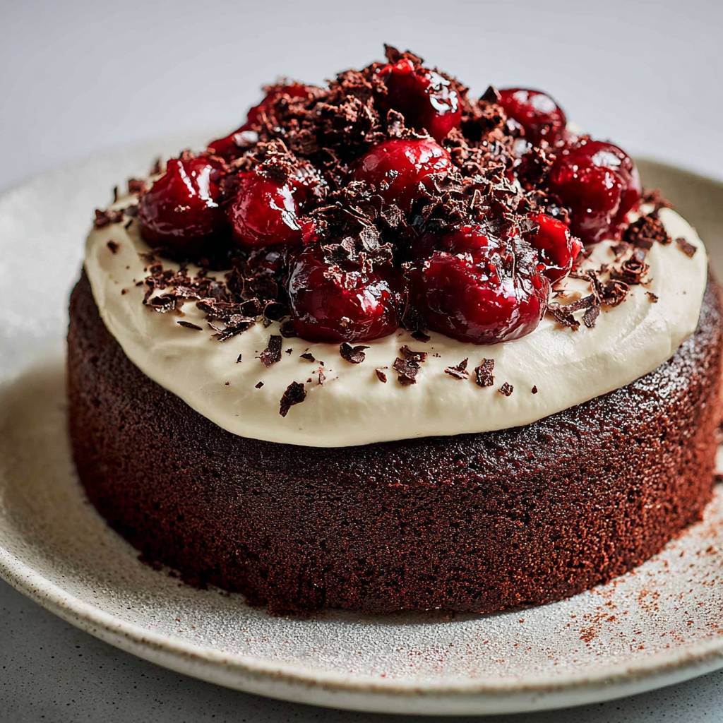 Sur un joli plateau, un forêt-noire simple et prêt à être partagé.