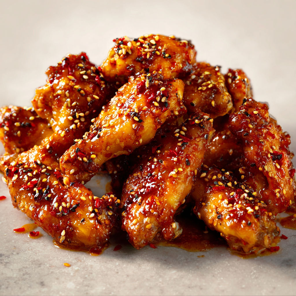 Ailes de poulet posées sur marbre, avec miel, citron et sésame dessus.