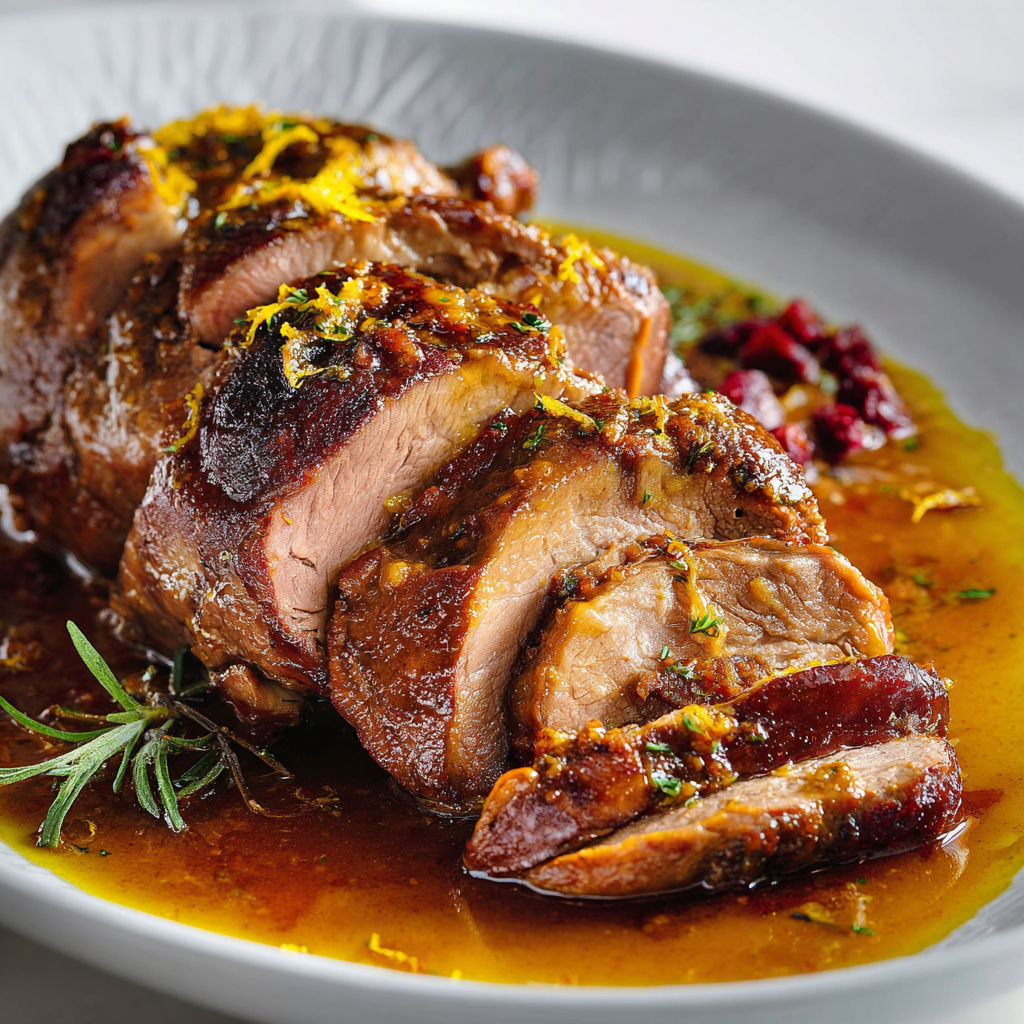 Agneau fondant aux épices douces déposé joliment sur un grand plat blanc.