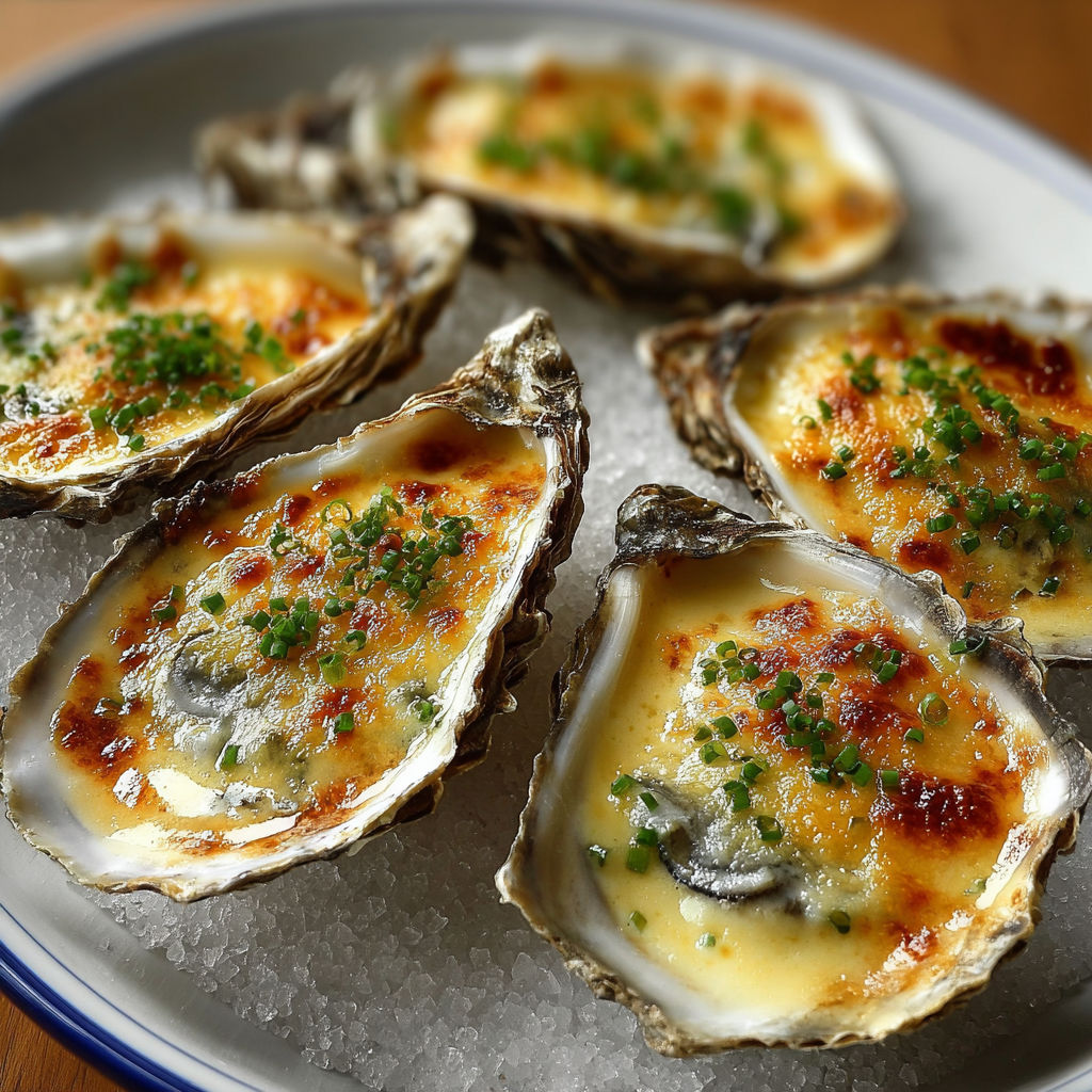 Huîtres gratinées, fromage filant et bulles.