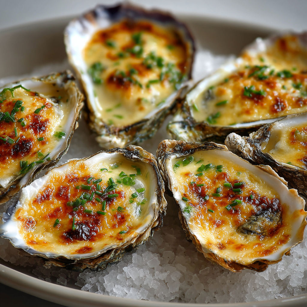 Huîtres raffinées avec croûte dorée au champagne.