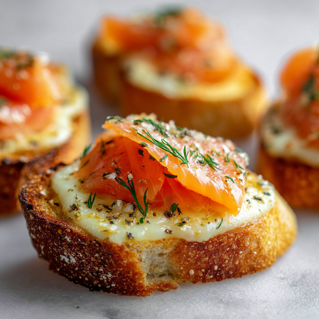 Délicieux pain à l’ail gratiné et saumon fumé pour Noël, avec fromage fondant et herbes fraîches.