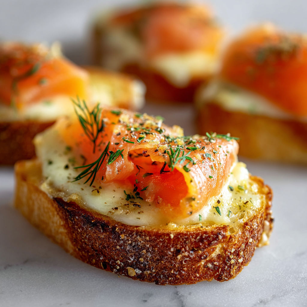 Pain chaud à l’ail filant couvert de saumon fumé parfait pour les fêtes.