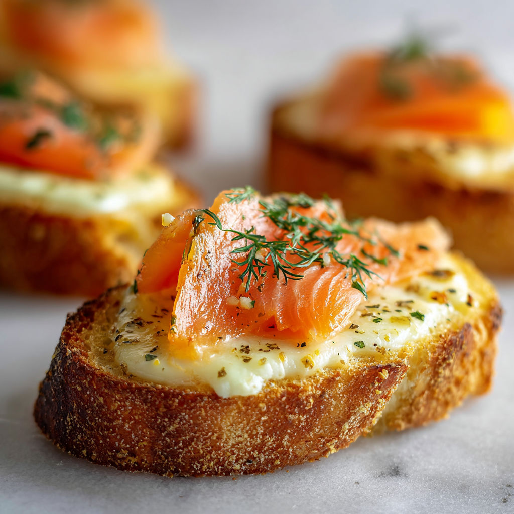 Tranche de pain gratinée, saumon et herbes fraîches sur le dessus.