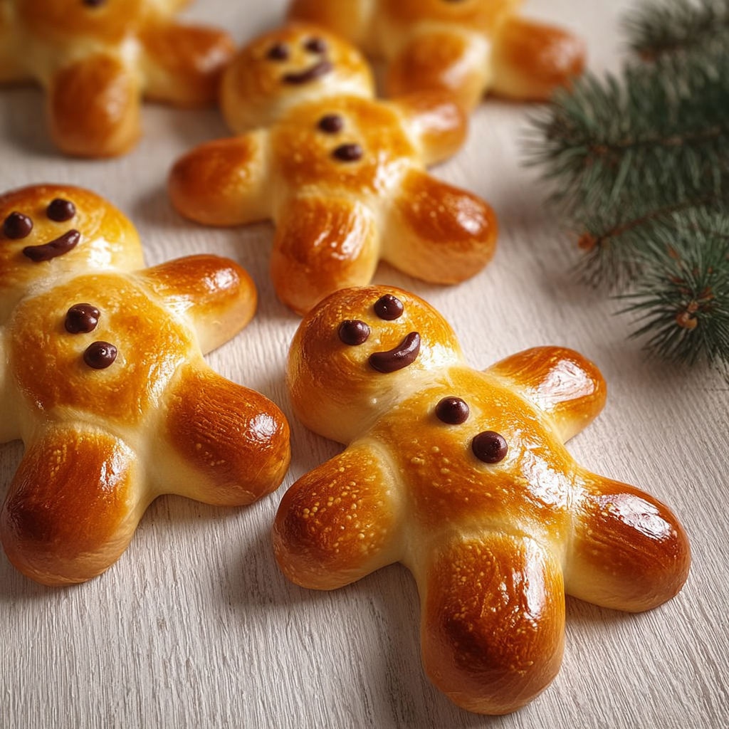 Brioche alsacienne façon bonhomme, dorée, quelques raisins sur le dessus, posée sur une table.