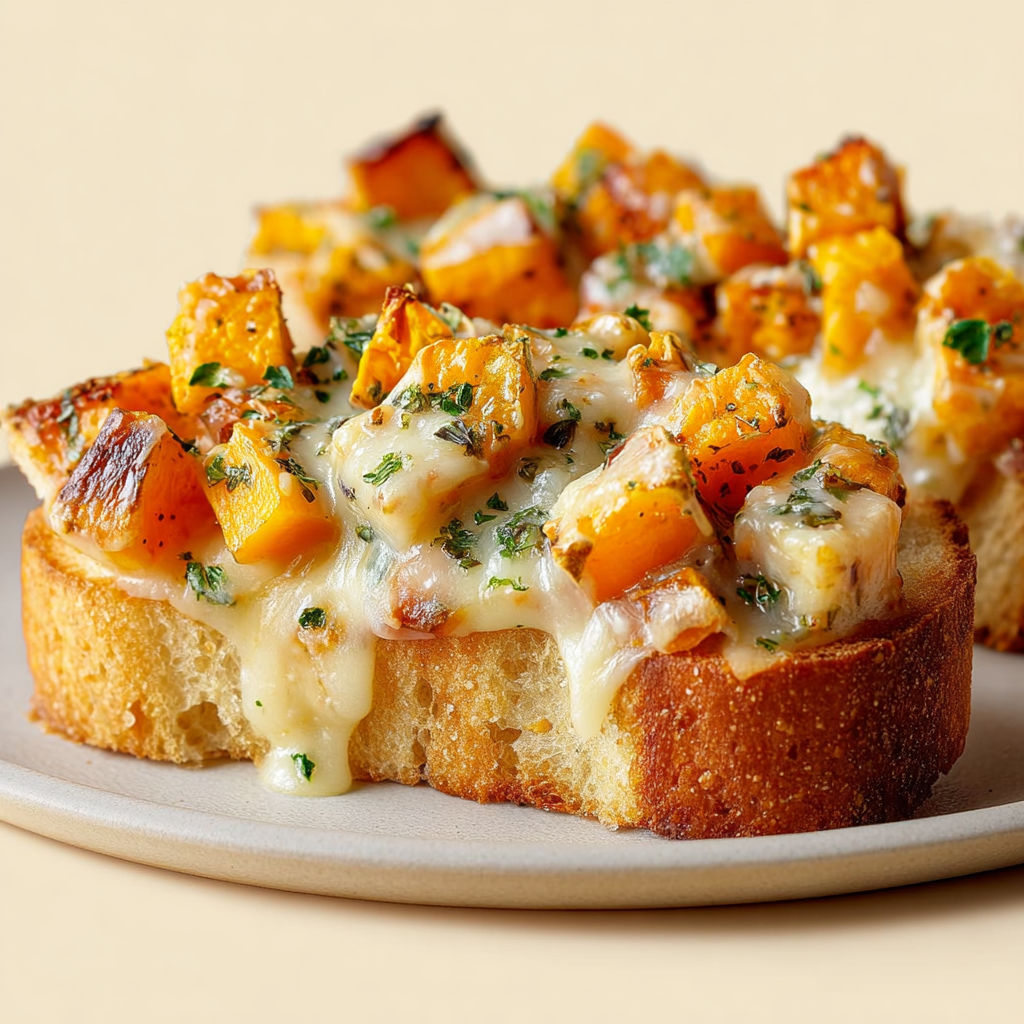 Pain surprise aux morceaux de courge rôtie, beurre à l’ail et comté fondant.