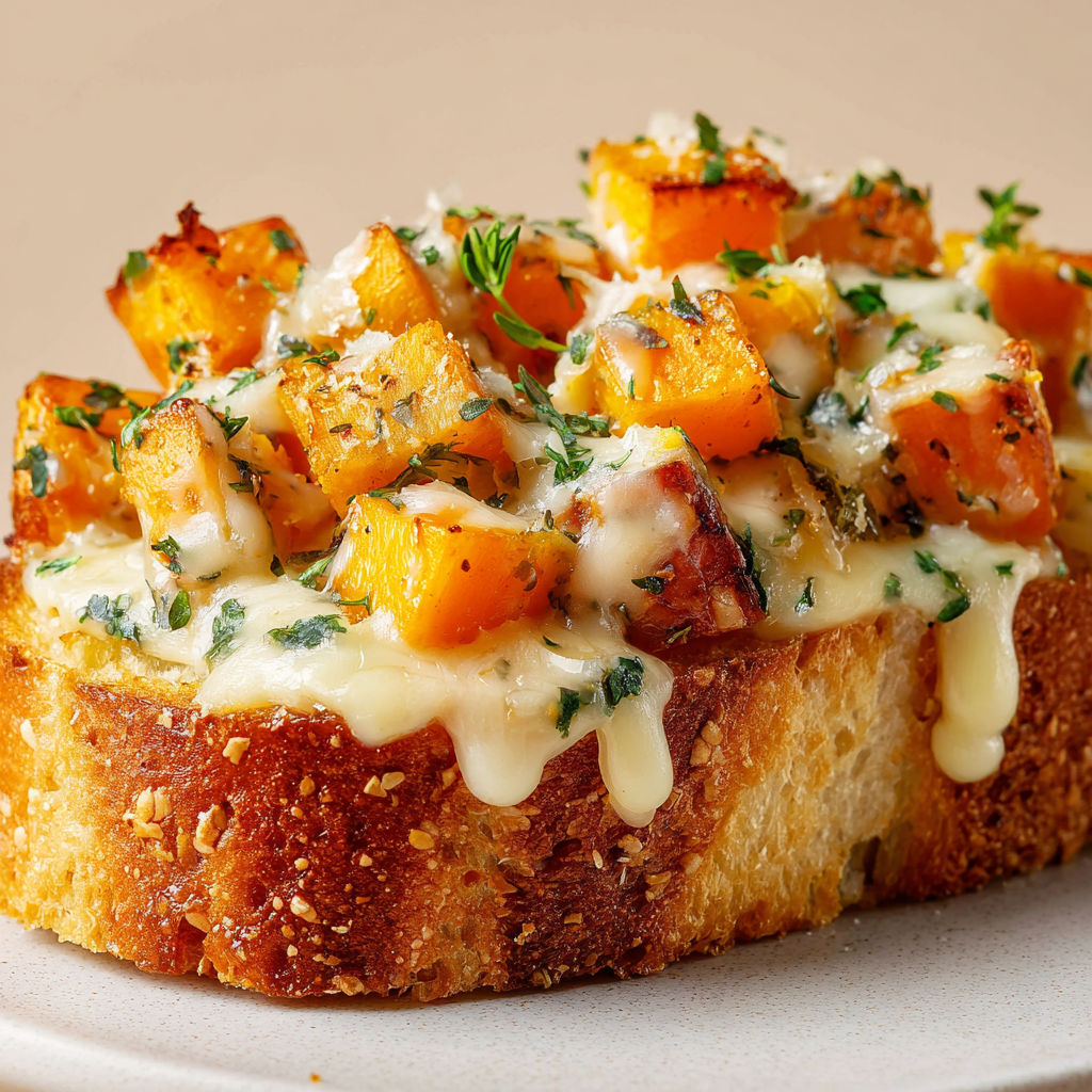 Délice d’apéritif : pain à l’ail, courge rôtie, fromage doré.