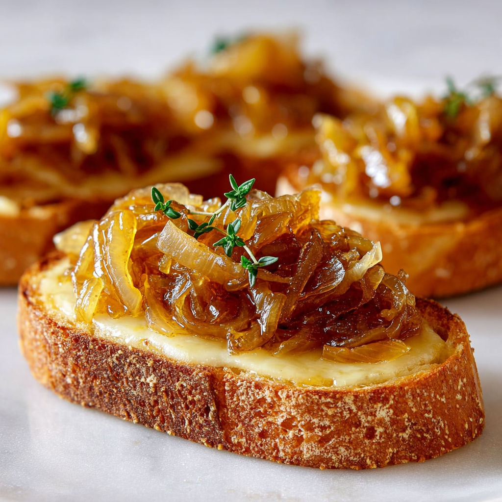 Bruschettas festives oignons et gruyère fondu sur pain doré.
