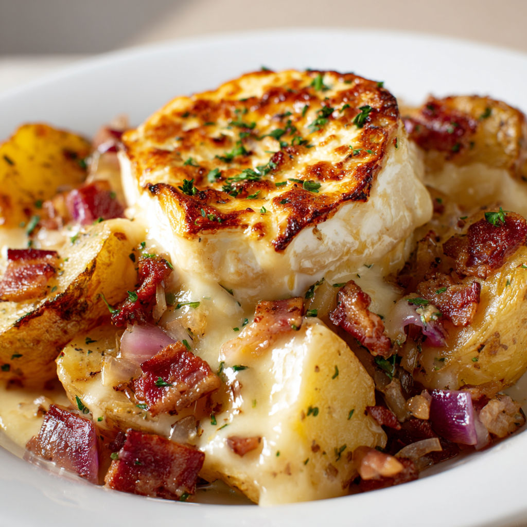 Une belle part de tartiflette pommes de terre, bacon et fromage servie dans un bol convivial.