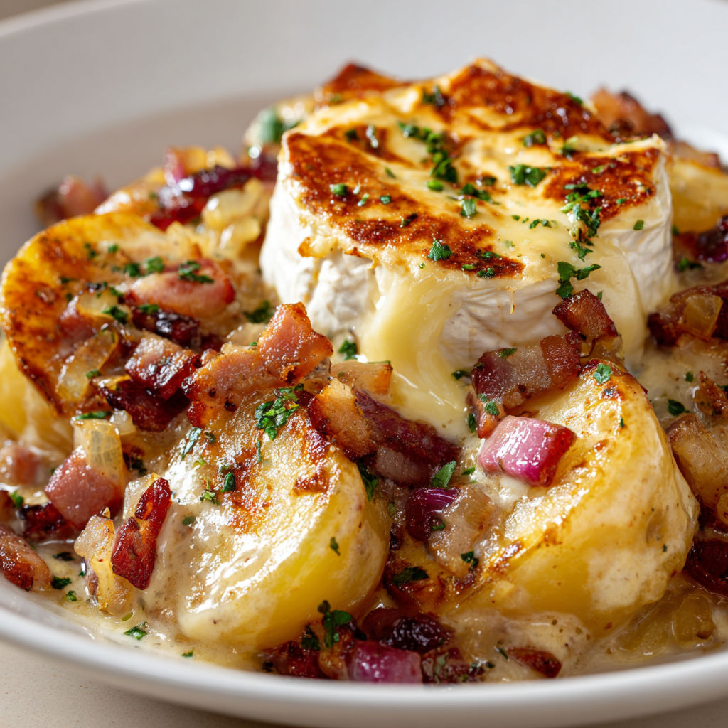 Tartiflette dorée avec reblochon fondant, pommes de terre tendres et bacon croustillant.