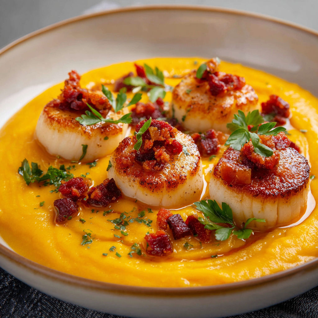 Plat de crème de butternut, chorizo, noix de Saint-Jacques et herbes fraîches sur une assiette.