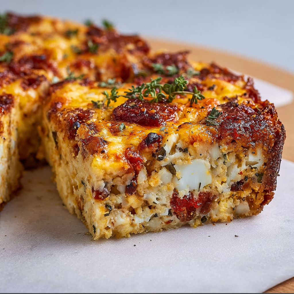 Un brownie salé au chorizo et chou-fleur, servi avec des herbes fraîches et épices pour relever le goût.