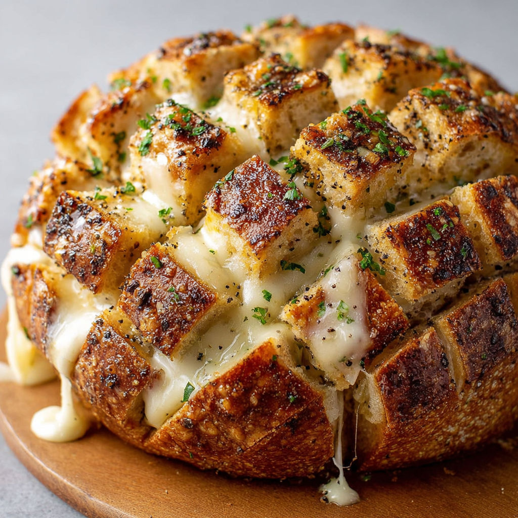 Pain gratiné festif à la mozzarella, ail et poivre noir.