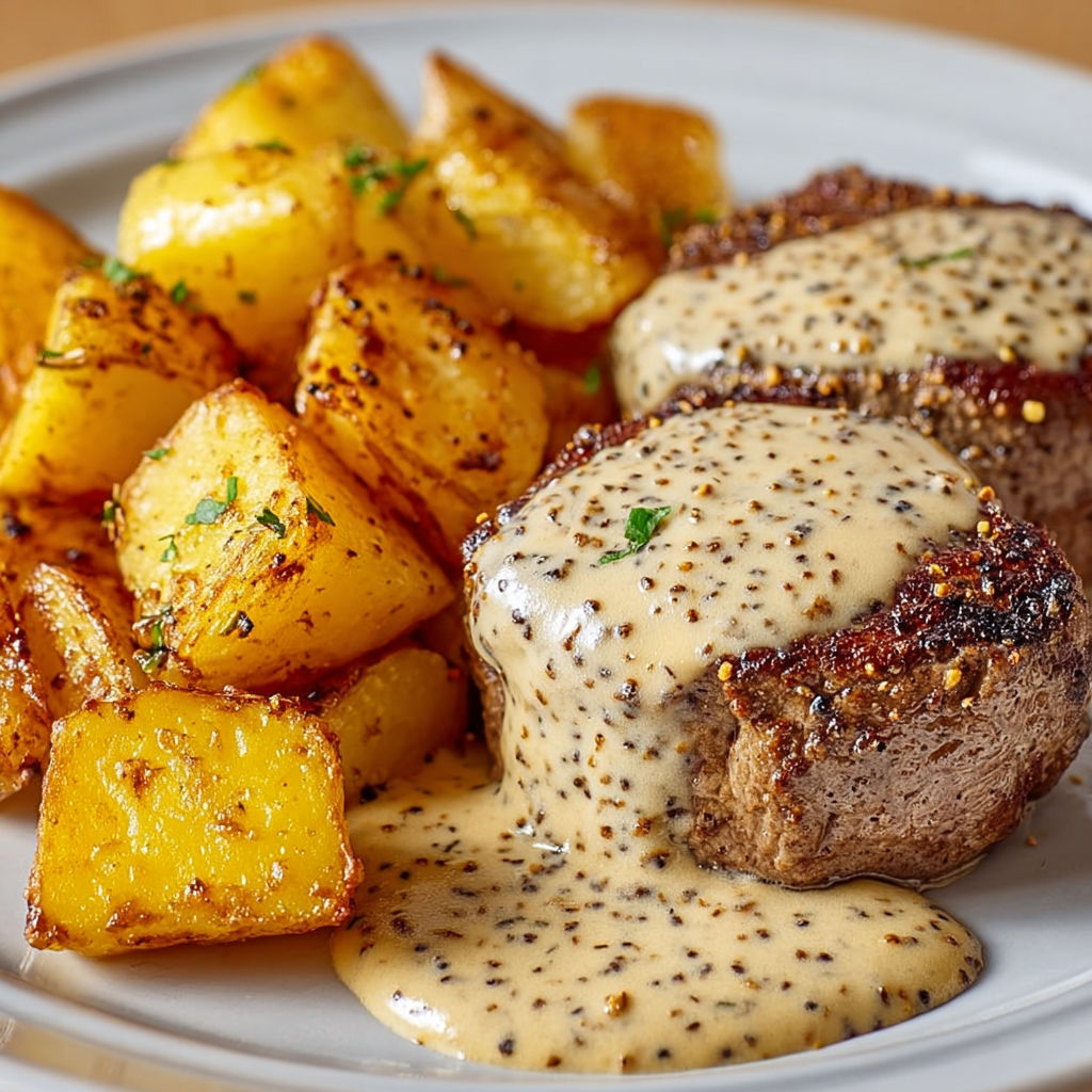 Plat de viande dorée, sauce moutardée et pommes de terre rôties à l’assiette.