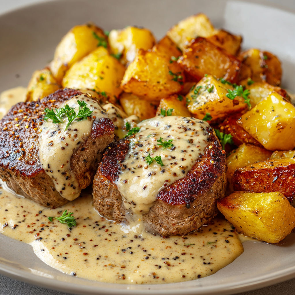 Délicieux médaillons nappés de moutarde et pommes rissolées dorées.