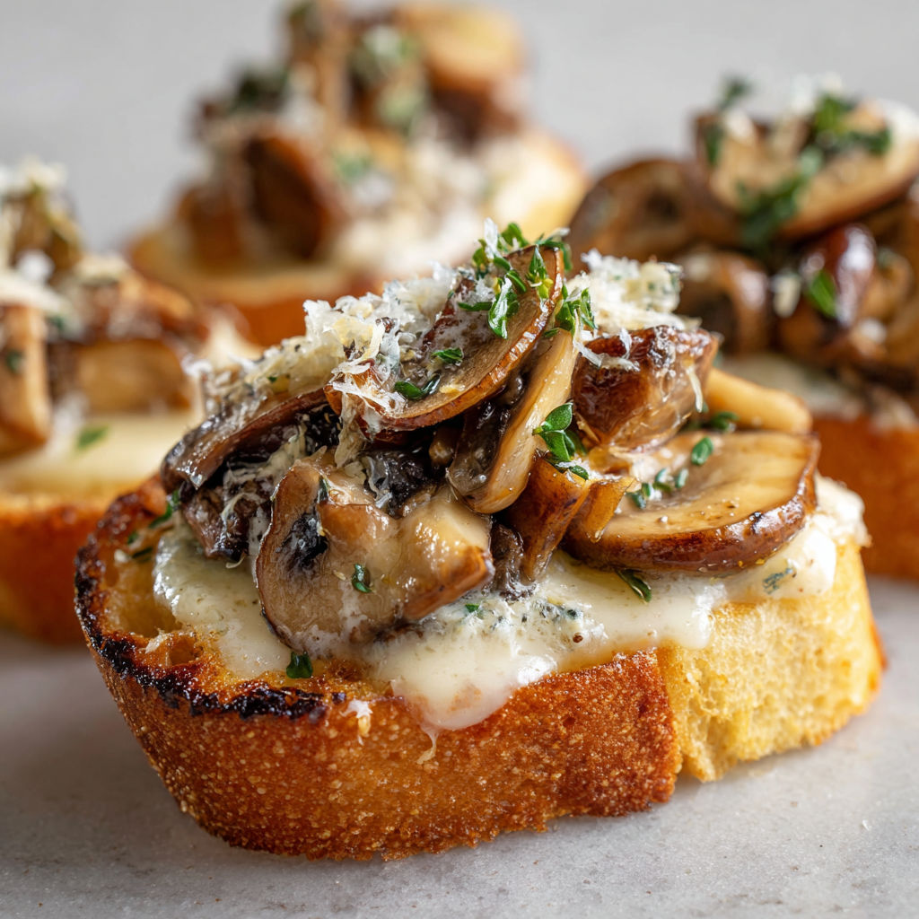 Pain à l’Ail Irrésistible, Crème de Champignons et Croustillant Doré.