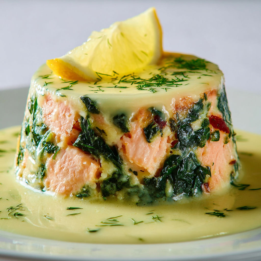 Servi avec une belle sauce citron et des épinards fondus autour du saumon.