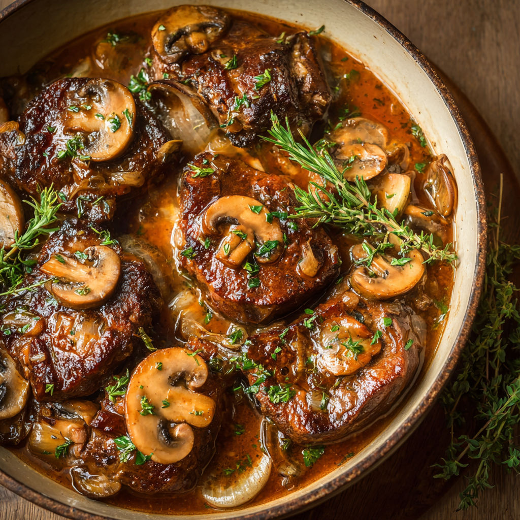 Joues de porc ultra fondantes, champignons et vin blanc.