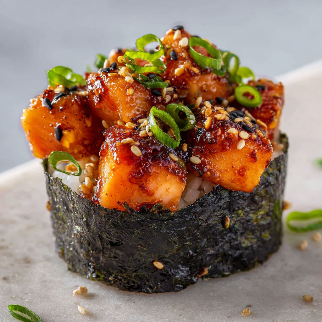 Une assiette de sushis cups avec légumes verts et grains de riz bien visibles.