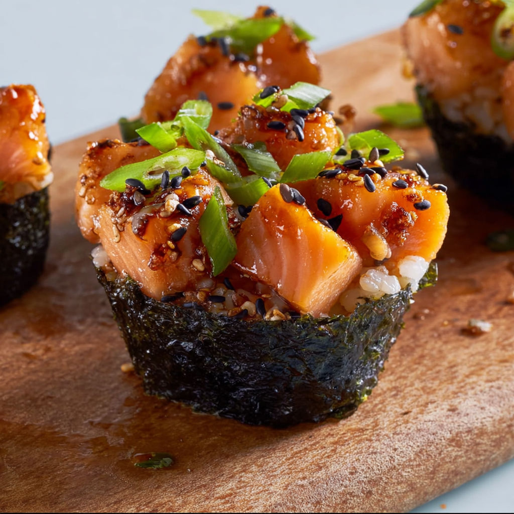 Mini-Sushis Gourmands au Saumon et Glaçage Sucré-Salé.