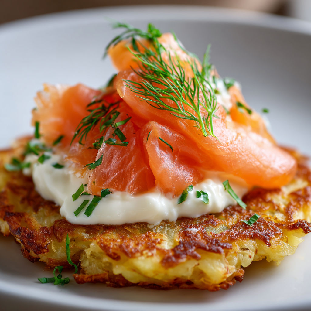 Pancakes dorés de pommes de terre et saumon fumé.