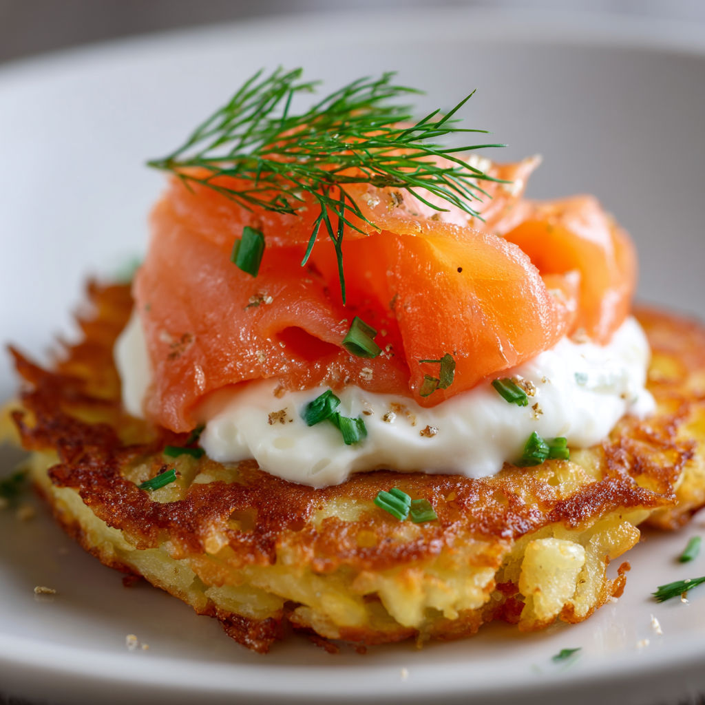 Pancakes salés pommes de terre, saumon fumé et sauce citron.