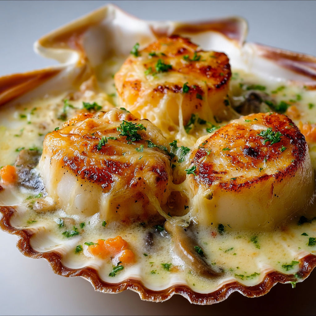 Coquilles Saint-Jacques dorées gratinées avec champignons et fromage fondant, ça donne envie direct.