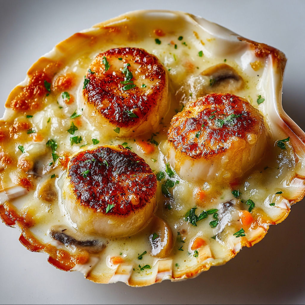 Coquilles Saint-Jacques gratinées, champignons et fromage tout fondant.