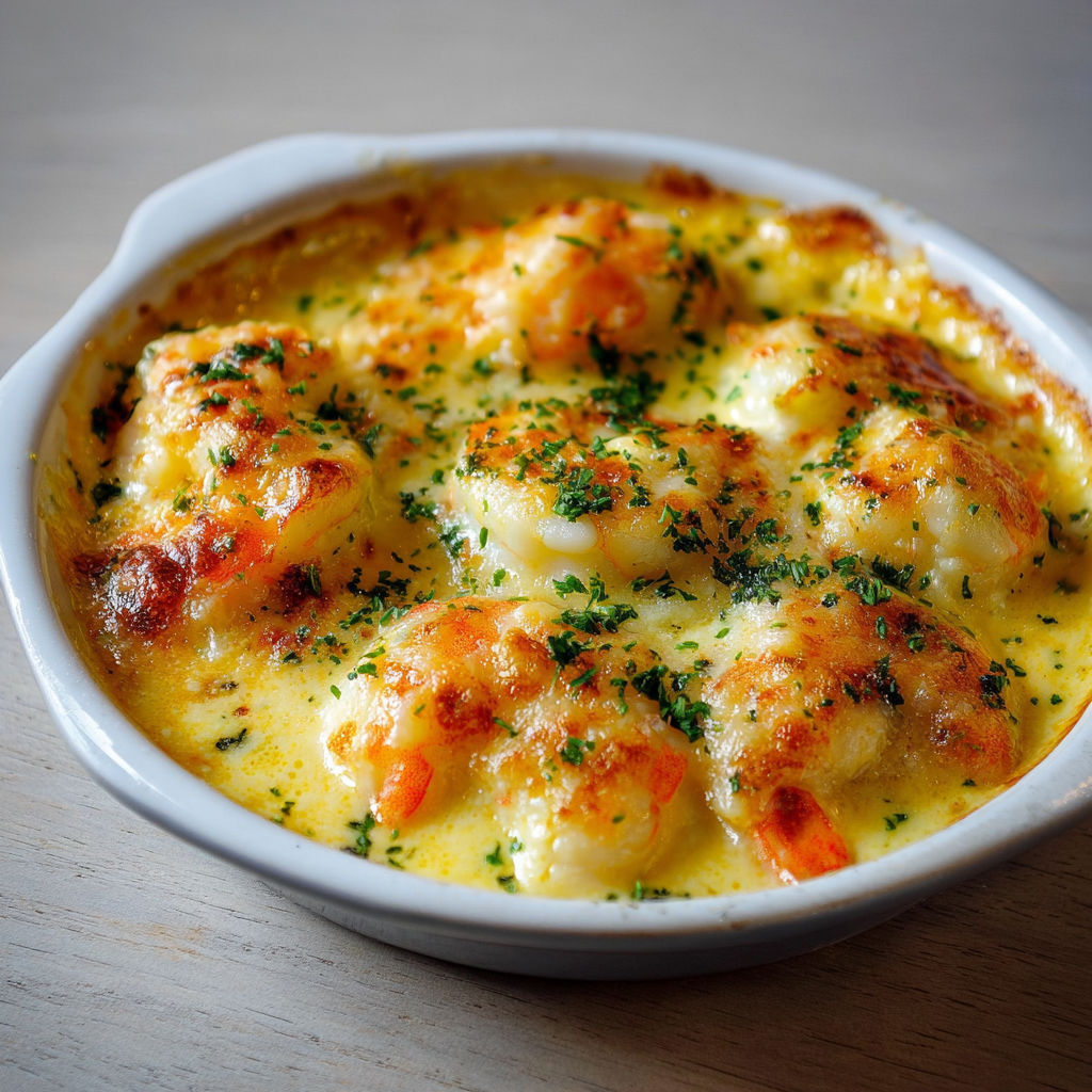Un joli plat de gratin de langoustines nappées de crème au safran posé sur la table.