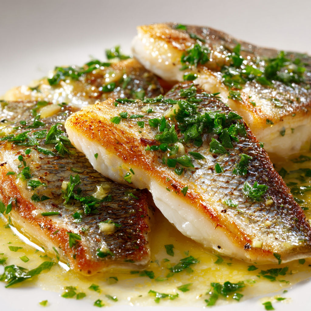 Filets de daurade au beurre citron, quelques feuilles de persil, dressés sur assiette blanche.