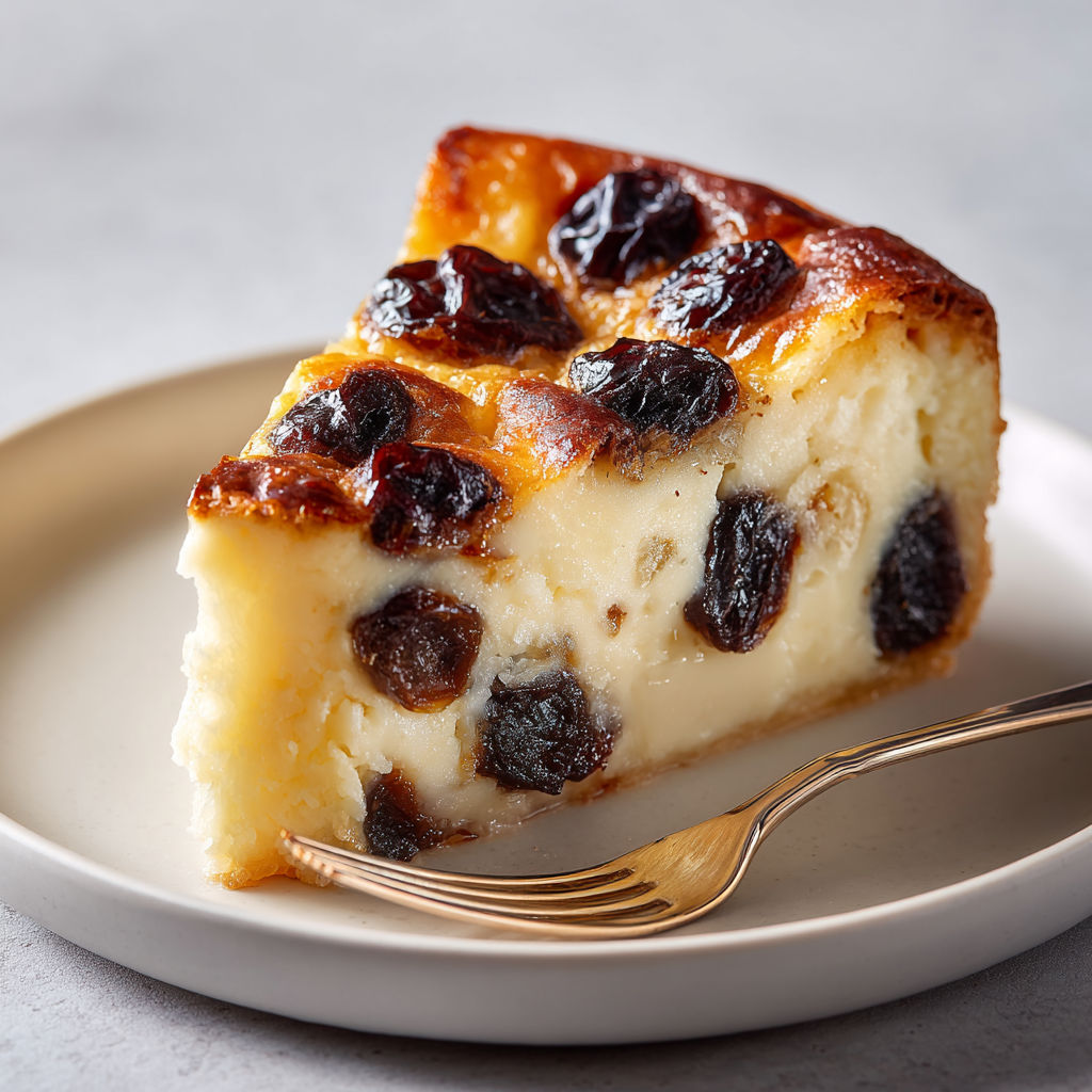 Une belle part de Far Breton moelleux aux pruneaux posée sur un plateau.